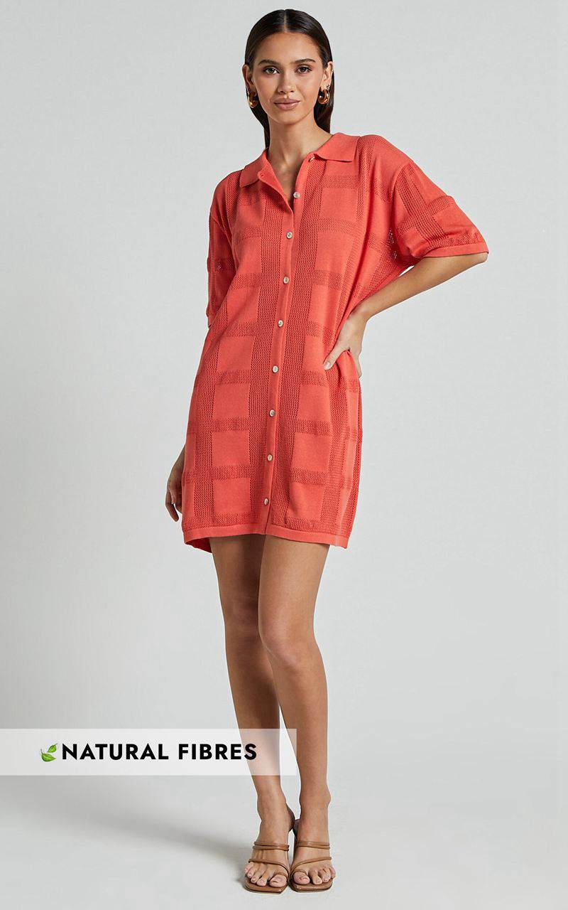 Showpo Tully Mini Dress - Knitted Button Through Shift Dress Coral | TZDLCB309