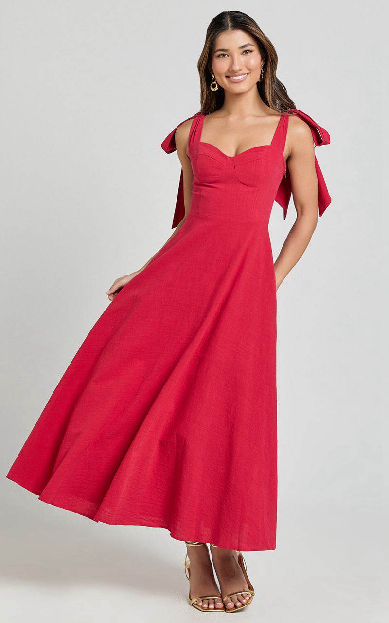 Showpo Tymia Midi Dress - Shoulder Tie Bustier Shirred Back A Line Red | ZDEVLR943