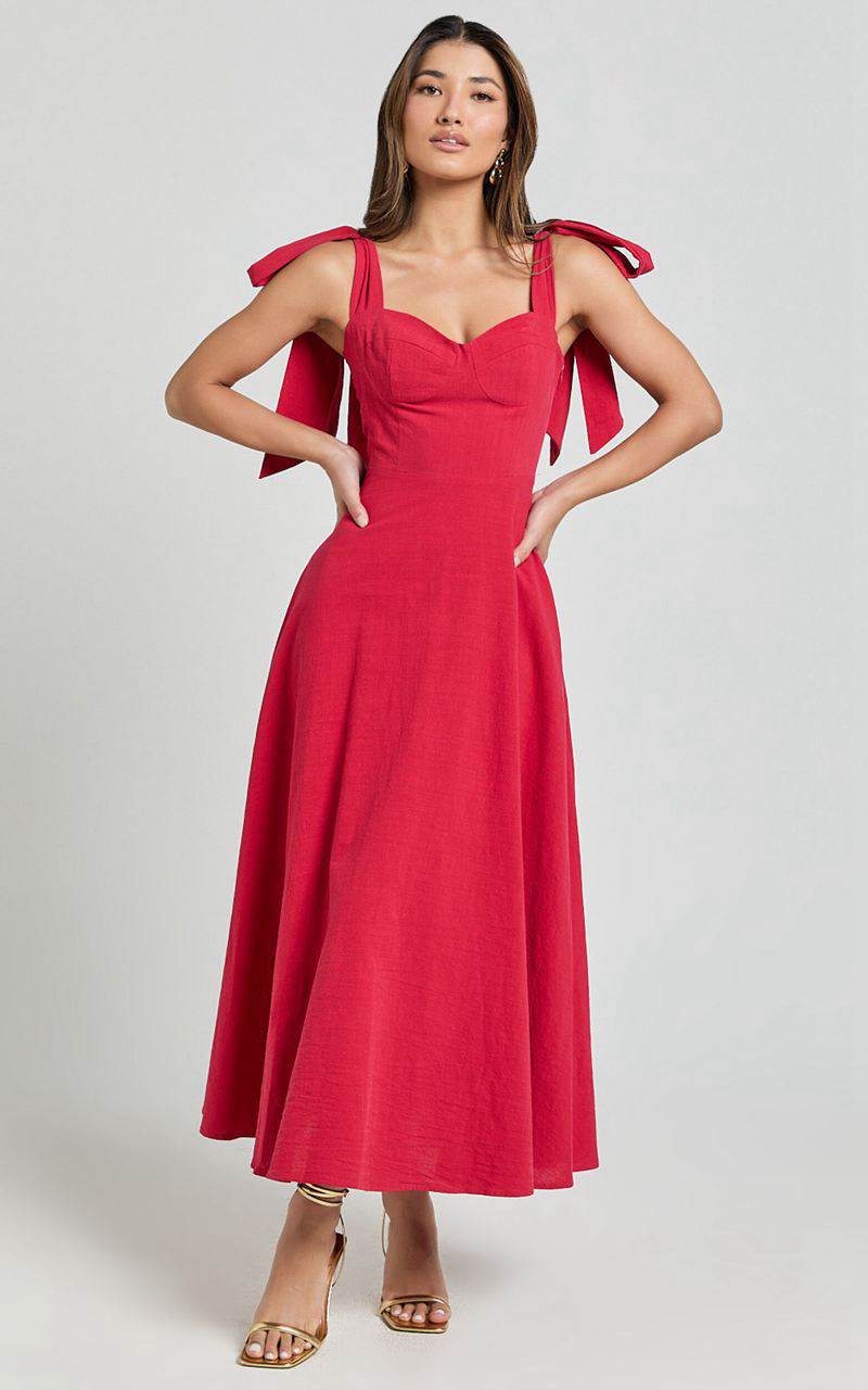 Showpo Tymia Midi Dress - Shoulder Tie Bustier Shirred Back A Line Red | ZDEVLR943