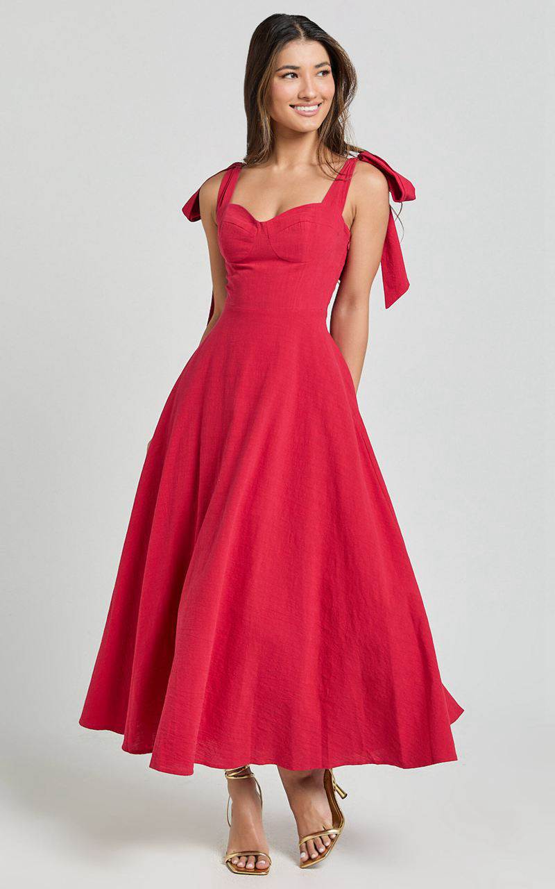 Showpo Tymia Midi Dress - Shoulder Tie Bustier Shirred Back A Line Red | ZDEVLR943