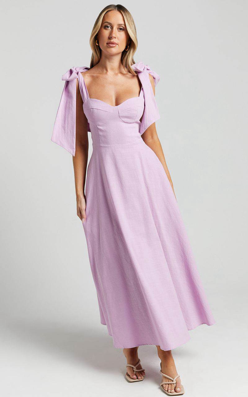 Showpo Tymia Midi Dress - Shoulder Tie Bustier Shirred Back A Line Lavender | SYNTJV167