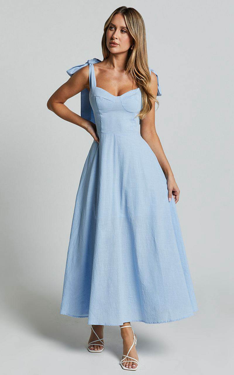 Showpo Tymia Midi Dress - Shoulder Tie Bustier Shirred Back A Line Pastel Blue | BZSULY184