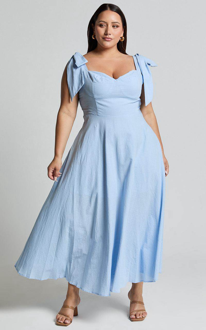 Showpo Tymia Midi Dress - Shoulder Tie Bustier Shirred Back A Line Pastel Blue | BZSULY184