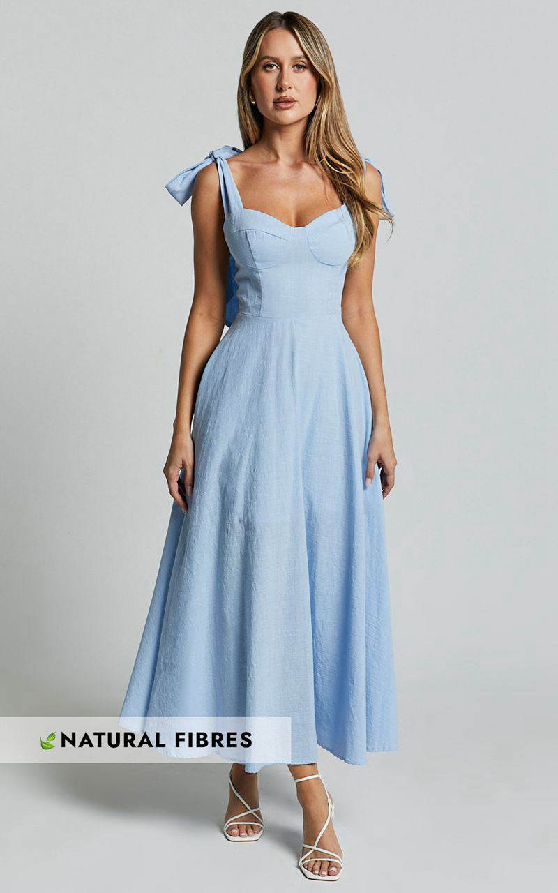 Showpo Tymia Midi Dress - Shoulder Tie Bustier Shirred Back A Line Pastel Blue | BZSULY184