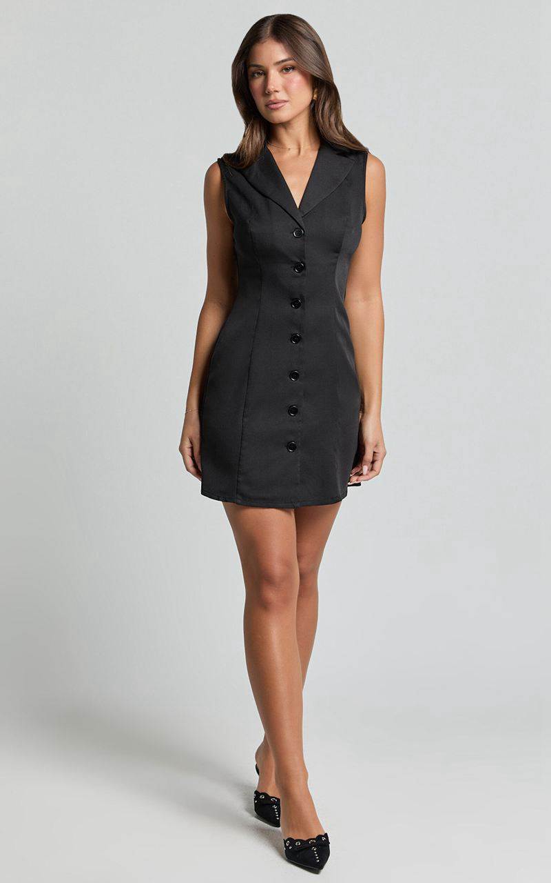 Showpo Tymia Mini Dress - Button Through Collar V Neck Dress Black | RCUXEQ046