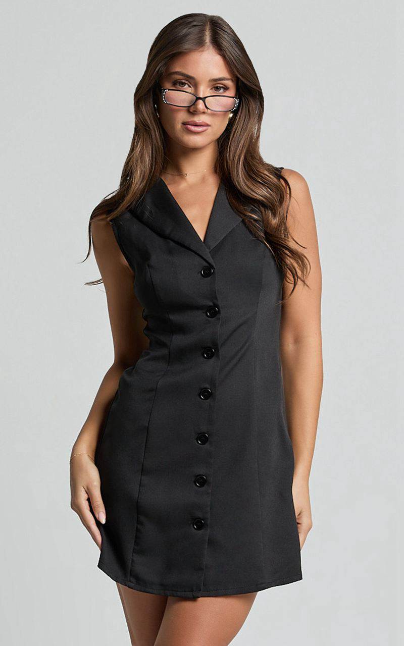 Showpo Tymia Mini Dress - Button Through Collar V Neck Dress Black | RCUXEQ046