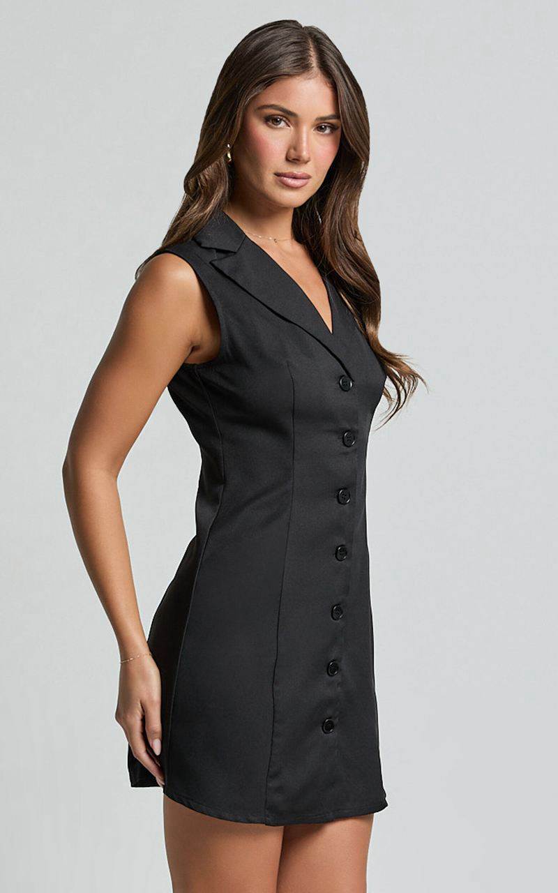 Showpo Tymia Mini Dress - Button Through Collar V Neck Dress Black | RCUXEQ046