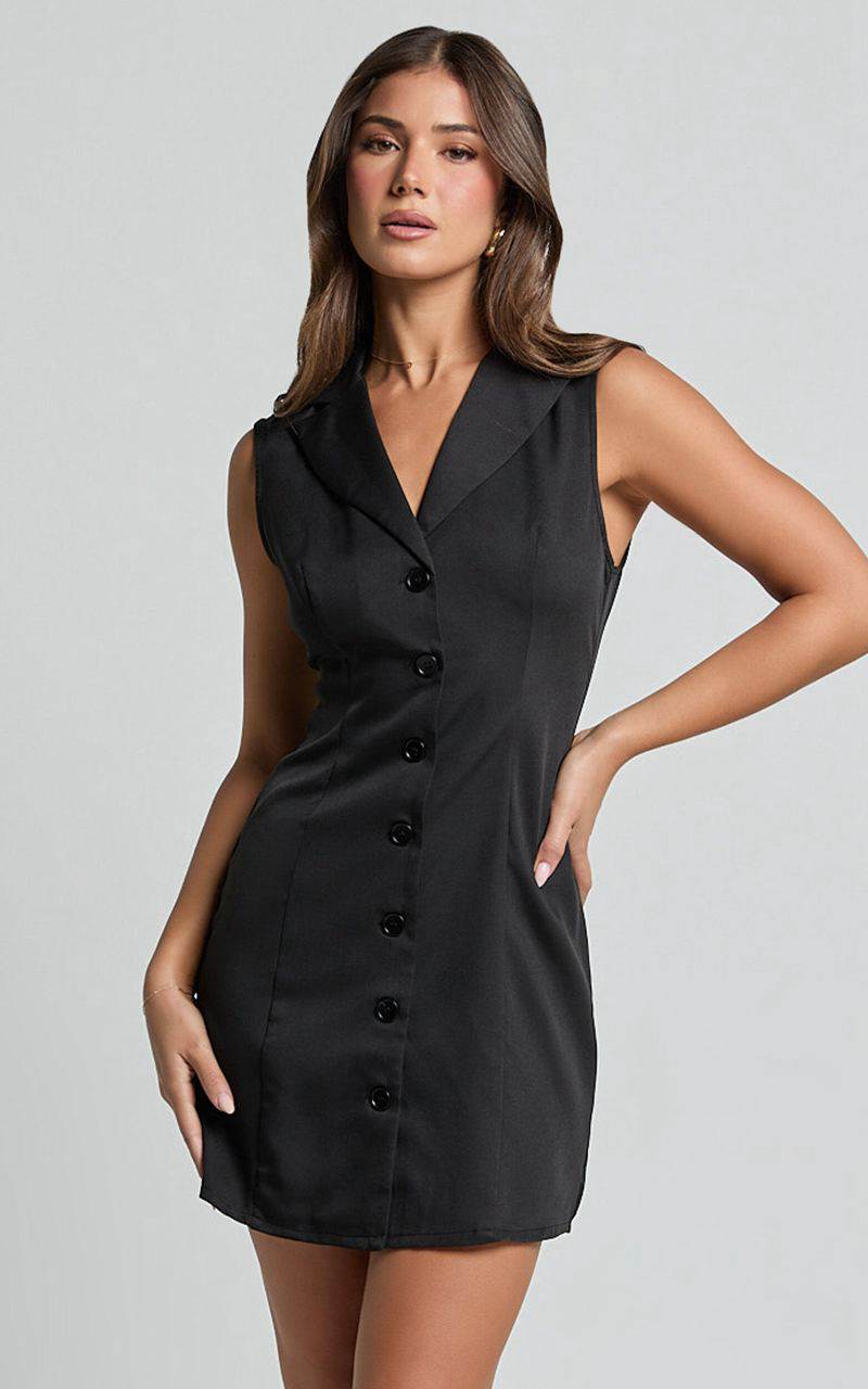 Showpo Tymia Mini Dress - Button Through Collar V Neck Dress Black | RCUXEQ046