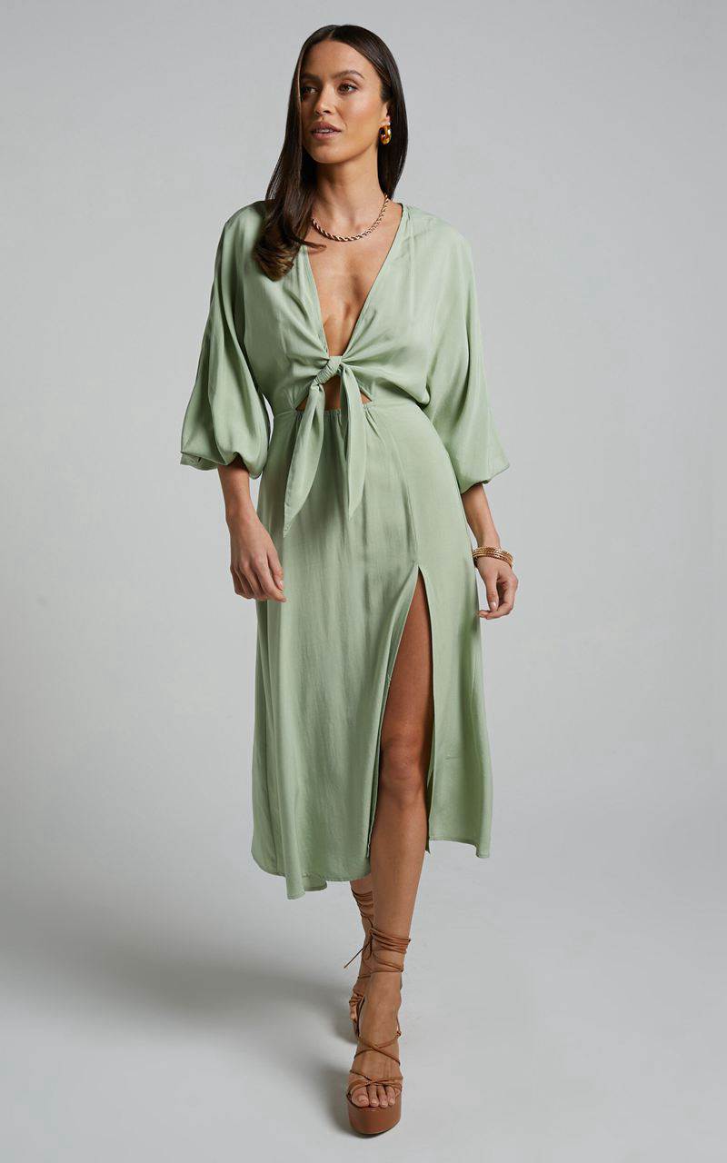 Showpo Tyricia Midi Dress - Long Sleeve Tie Front Cut Out Dress Sage | IWNFEK716