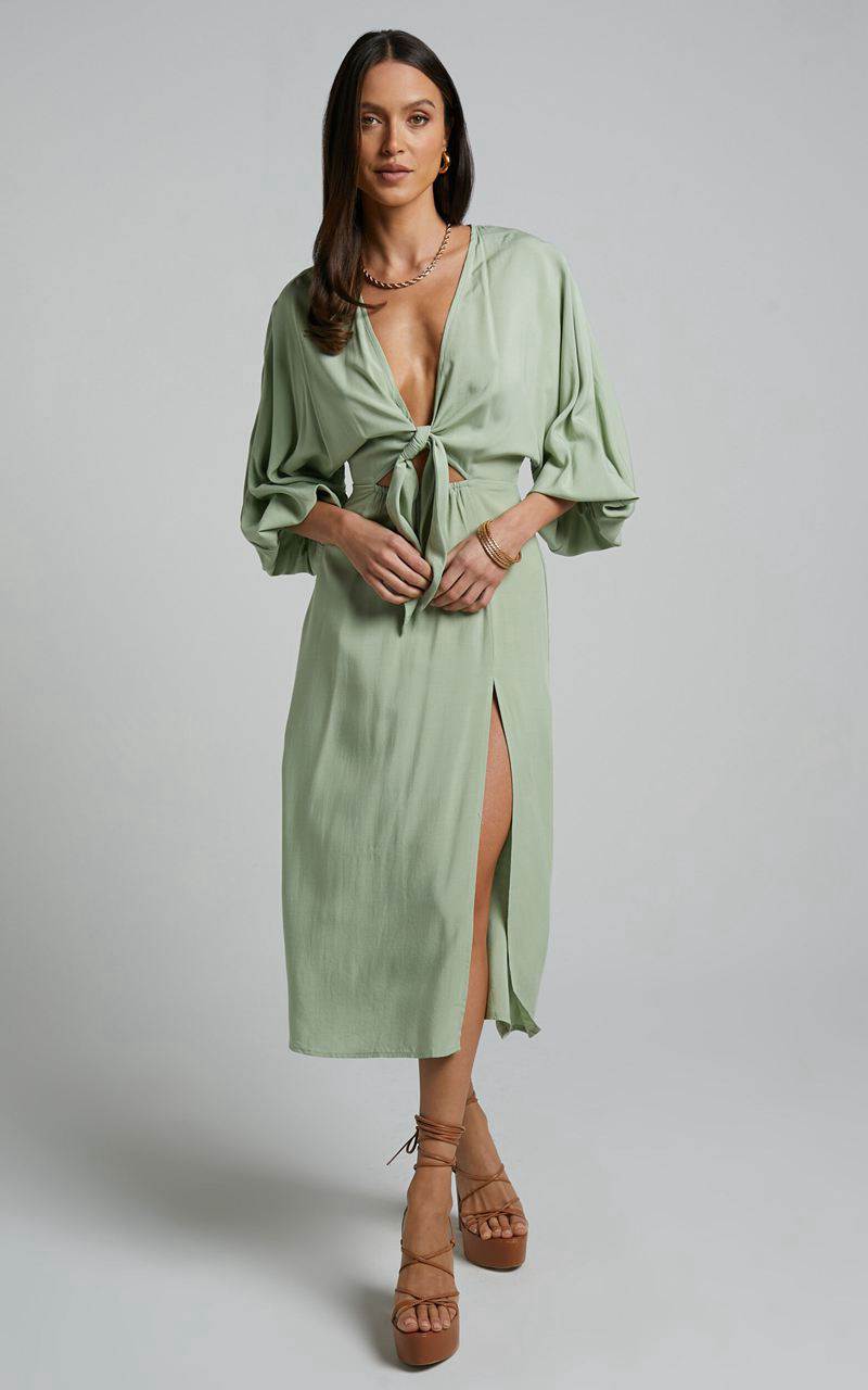 Showpo Tyricia Midi Dress - Long Sleeve Tie Front Cut Out Dress Sage | IWNFEK716