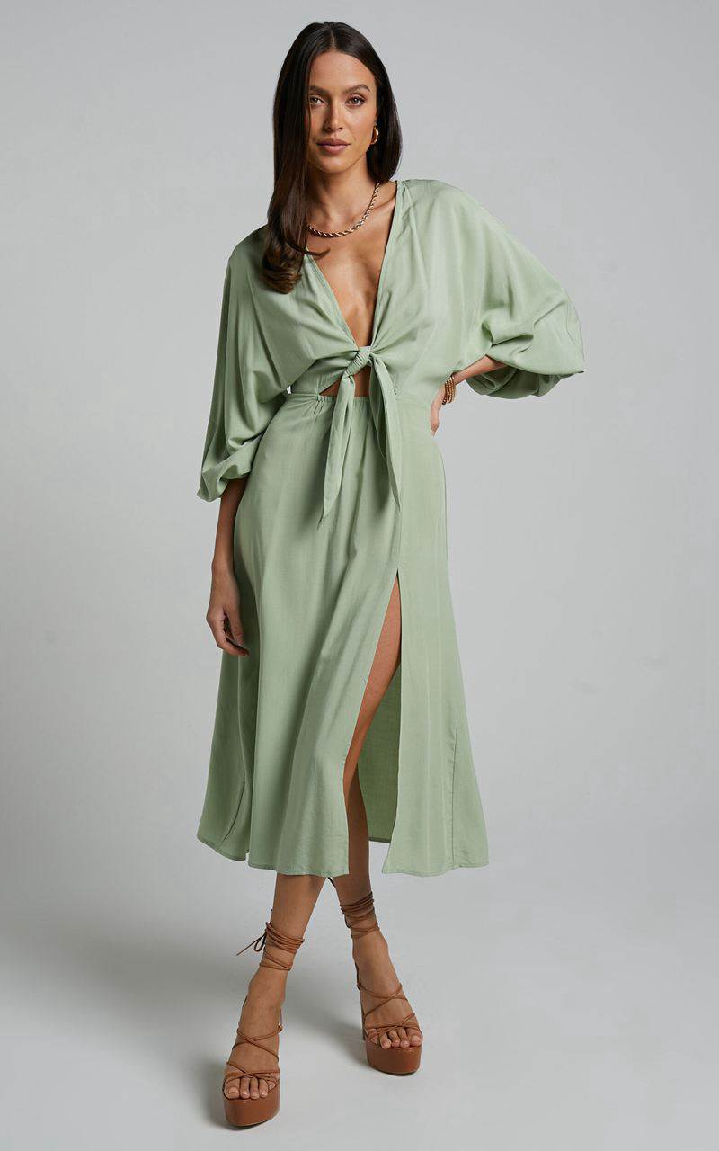 Showpo Tyricia Midi Dress - Long Sleeve Tie Front Cut Out Dress Sage | IWNFEK716