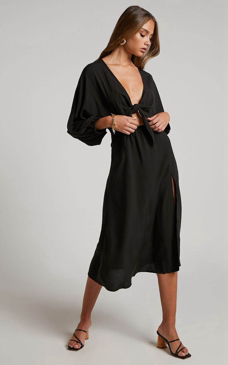 Showpo Tyricia Midi Dress - Long Sleeve Tie Front Cut Out Dress Black | HFNMSY245