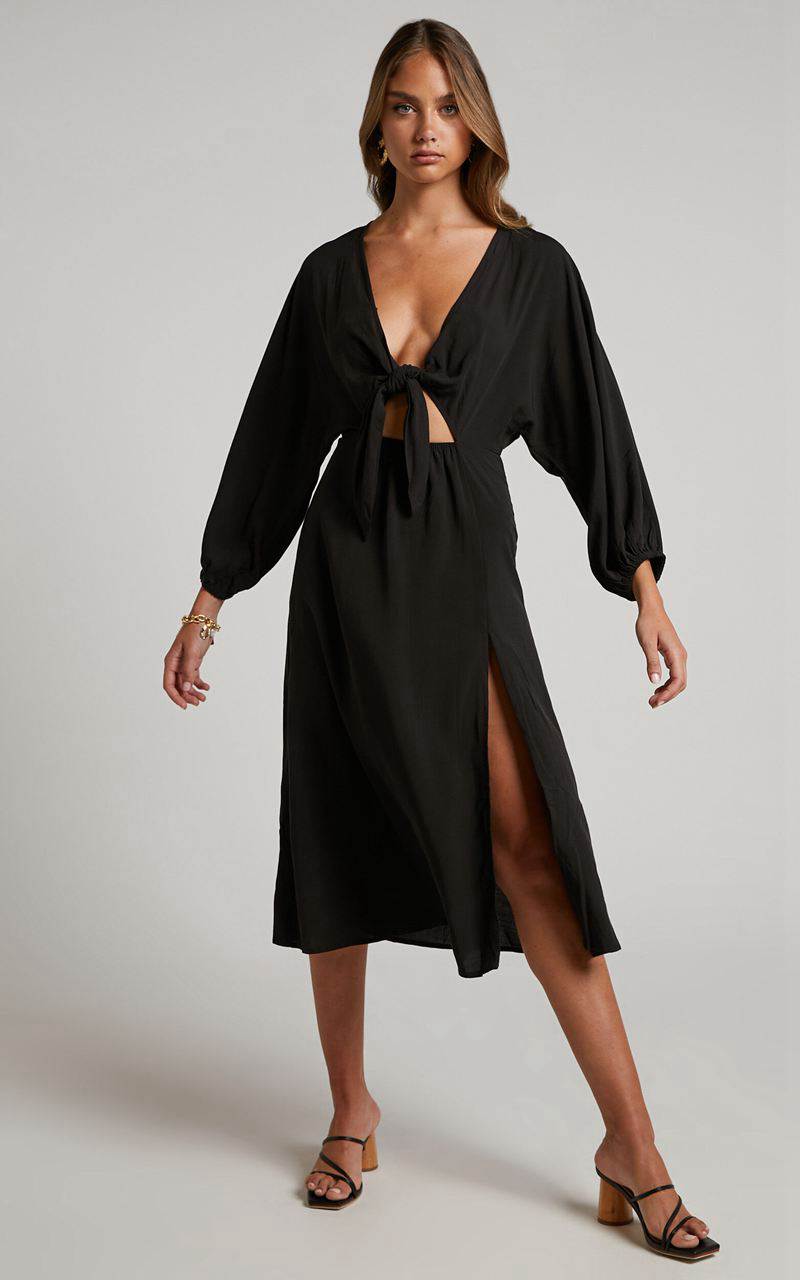 Showpo Tyricia Midi Dress - Long Sleeve Tie Front Cut Out Dress Black | HFNMSY245