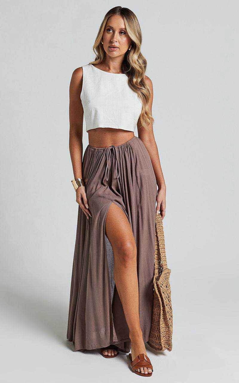 Showpo Under The Twilight Maxi Skirt - Thigh Split Skirt Taupe | GJKRLF487