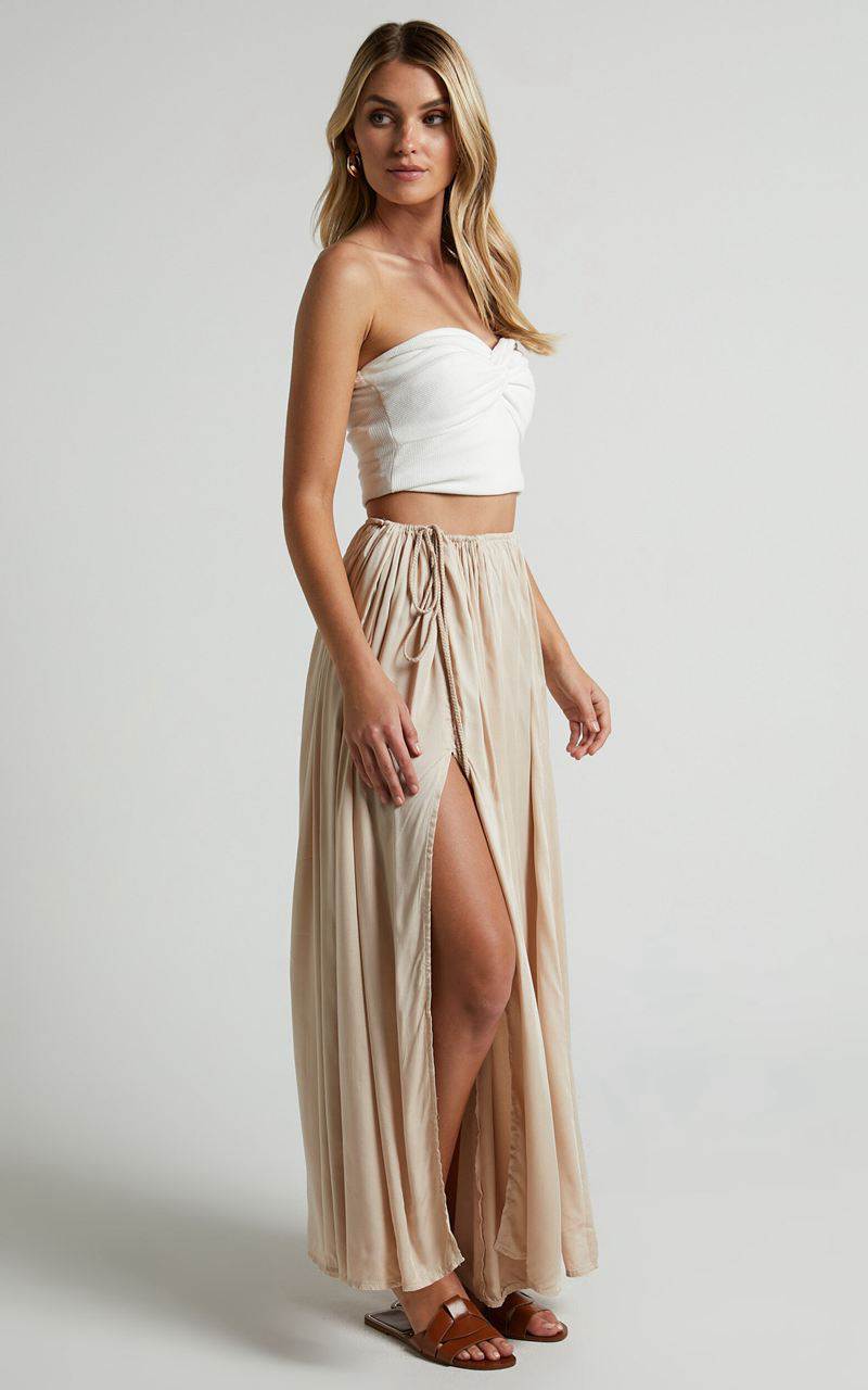 Showpo Under The Twilight Maxi Skirt - Thigh Split Skirt Beige | ERKDAG938