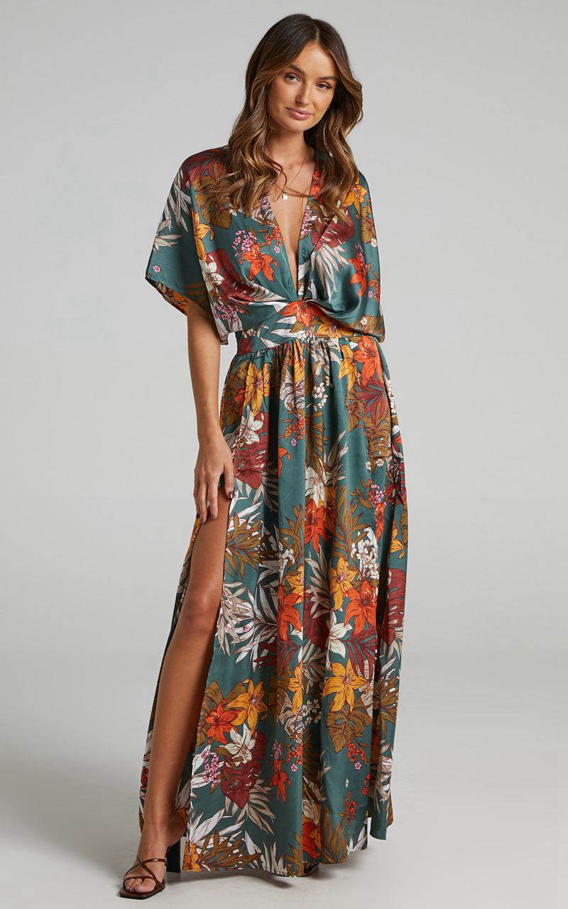 Showpo Vacay Ready Midi Dress - Plunge Thigh Split Dress Teal Floral Satin | BORZCP175