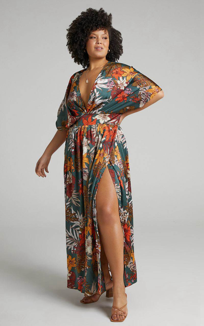 Showpo Vacay Ready Midi Dress - Plunge Thigh Split Dress Teal Floral Satin | BORZCP175