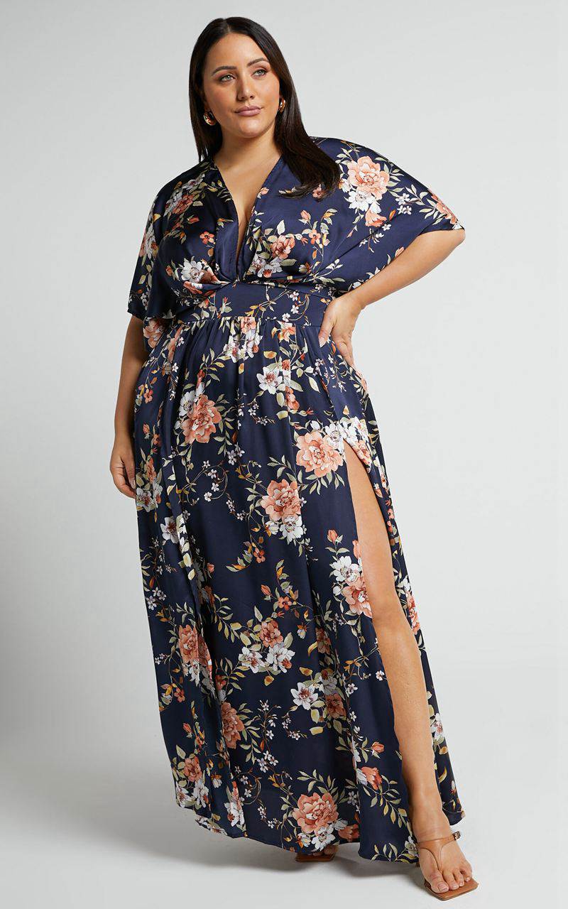 Showpo Vacay Ready Midi Dress - Plunge Thigh Split Dress Navy Multi Floral | KZLWAN904