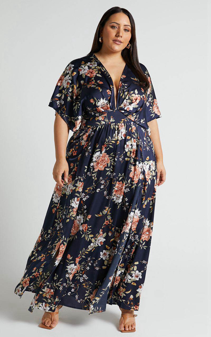 Showpo Vacay Ready Midi Dress - Plunge Thigh Split Dress Navy Multi Floral | KZLWAN904