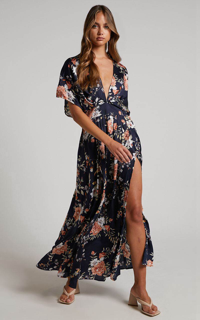 Showpo Vacay Ready Midi Dress - Plunge Thigh Split Dress Navy Multi Floral | KZLWAN904