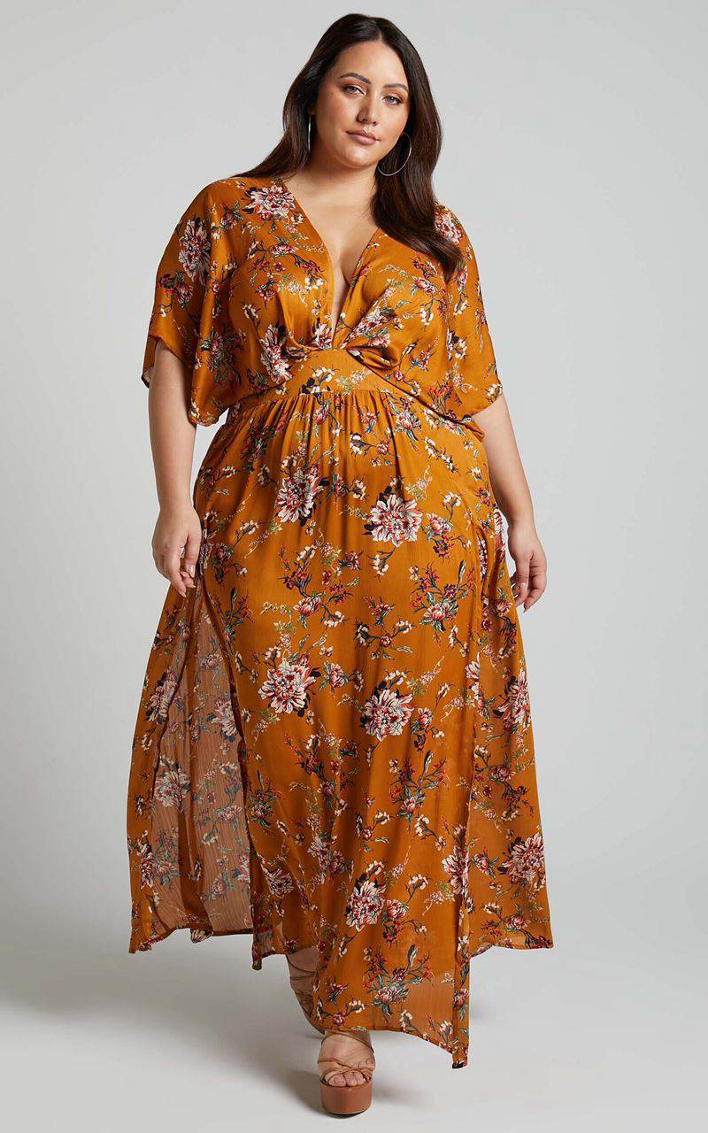 Showpo Vacay Ready Midi Dress - Plunge Thigh Split Dress Mustard Floral | SINWTG829