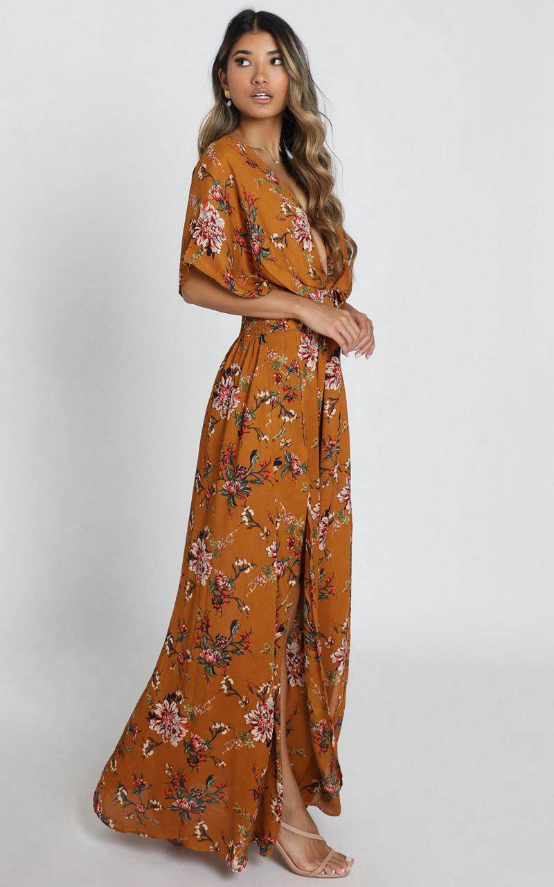 Showpo Vacay Ready Midi Dress - Plunge Thigh Split Dress Mustard Floral | SINWTG829