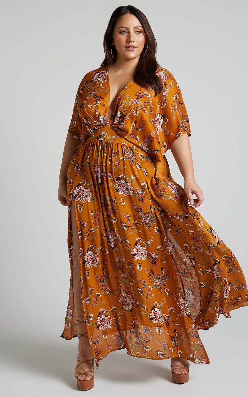 Showpo Vacay Ready Midi Dress - Plunge Thigh Split Dress Mustard Floral | SINWTG829