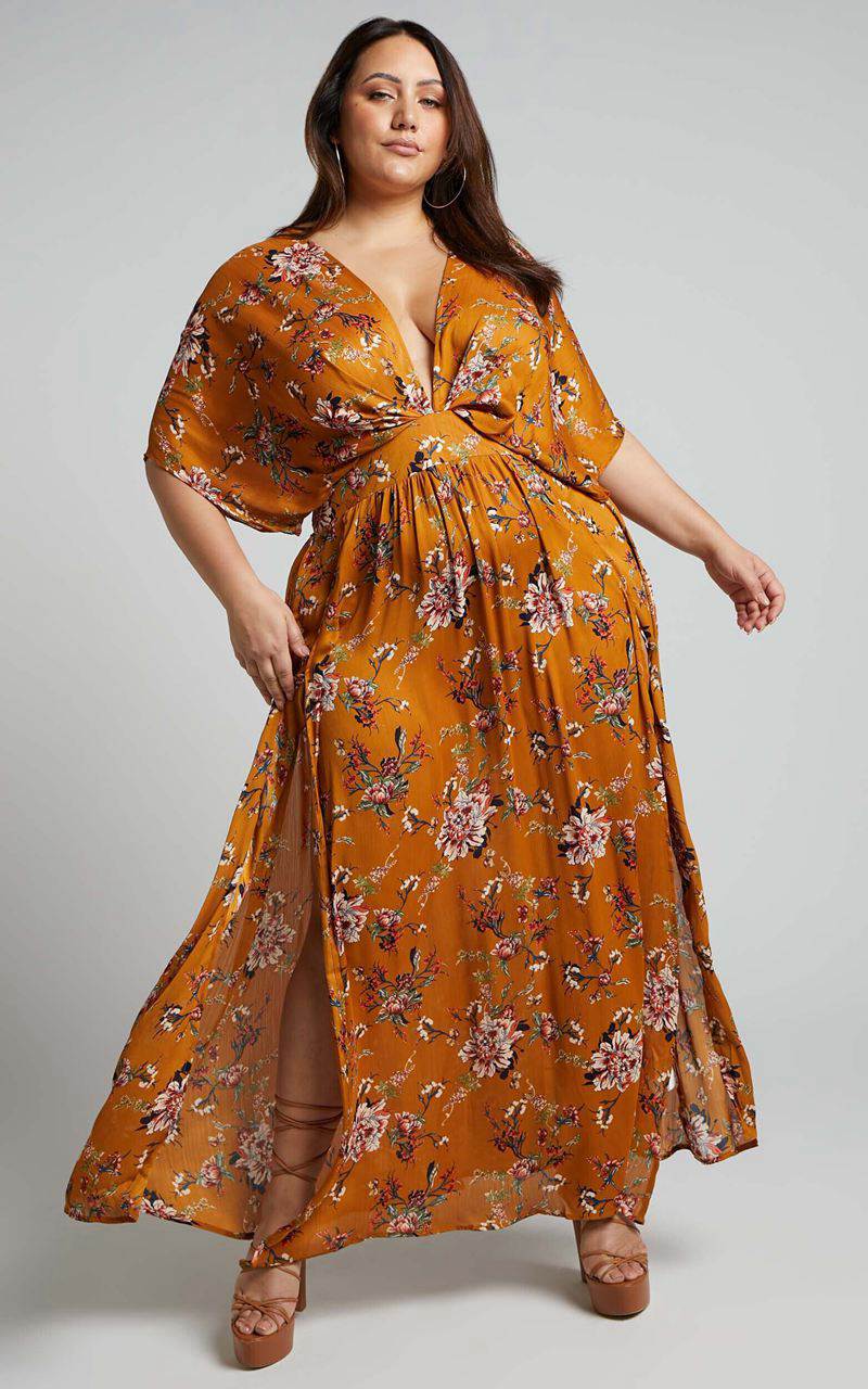 Showpo Vacay Ready Midi Dress - Plunge Thigh Split Dress Mustard Floral | SINWTG829