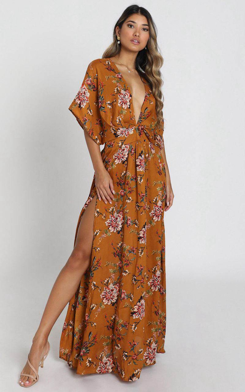 Showpo Vacay Ready Midi Dress - Plunge Thigh Split Dress Mustard Floral | SINWTG829