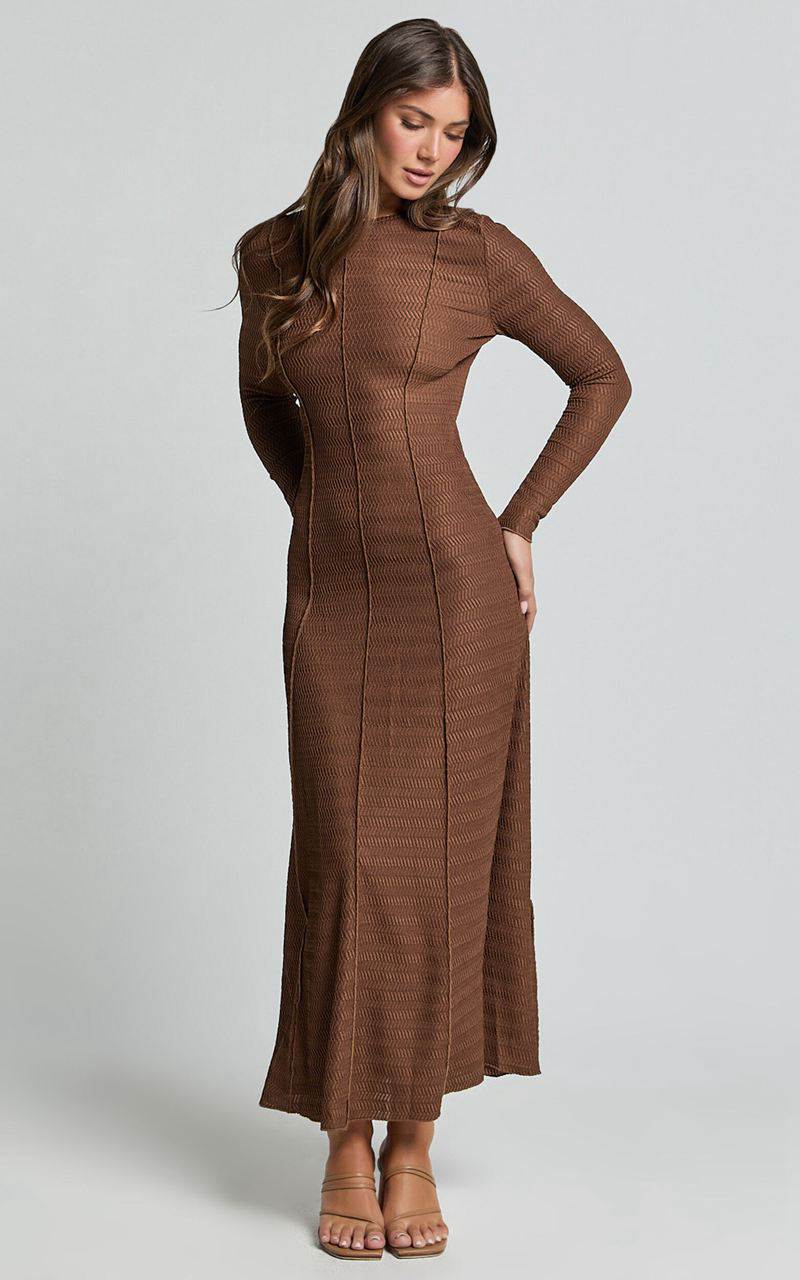 Showpo Valencia Maxi Dress - Long Sleeve A Line Dress Chocolate | HDAKQJ082