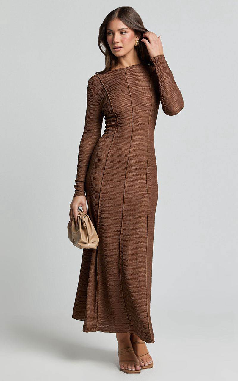 Showpo Valencia Maxi Dress - Long Sleeve A Line Dress Chocolate | HDAKQJ082