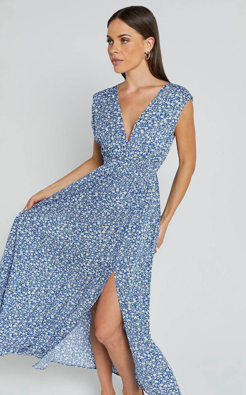 Showpo Valeri Midi Dress - Plunge Neck Sleeveless Tie Waist Dress Blue Floral | JGEHIB846