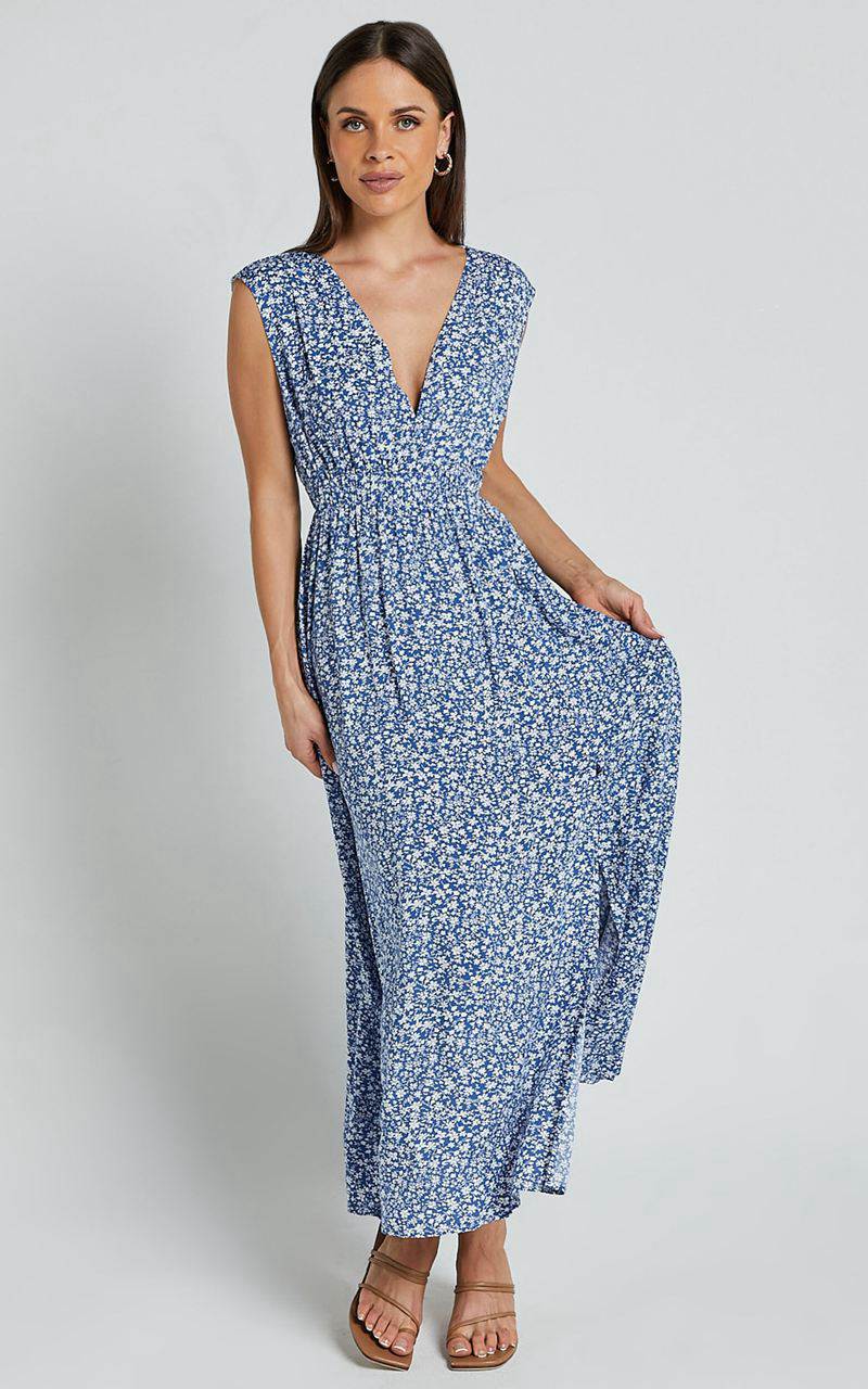 Showpo Valeri Midi Dress - Plunge Neck Sleeveless Tie Waist Dress Blue Floral | JGEHIB846