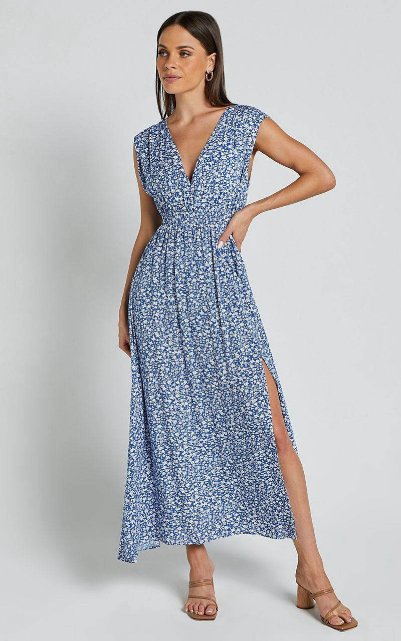 Showpo Valeri Midi Dress - Plunge Neck Sleeveless Tie Waist Dress Blue Floral | JGEHIB846