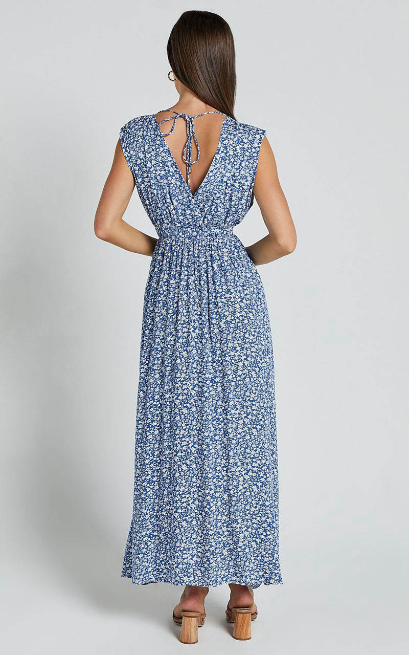 Showpo Valeri Midi Dress - Plunge Neck Sleeveless Tie Waist Dress Blue Floral | JGEHIB846