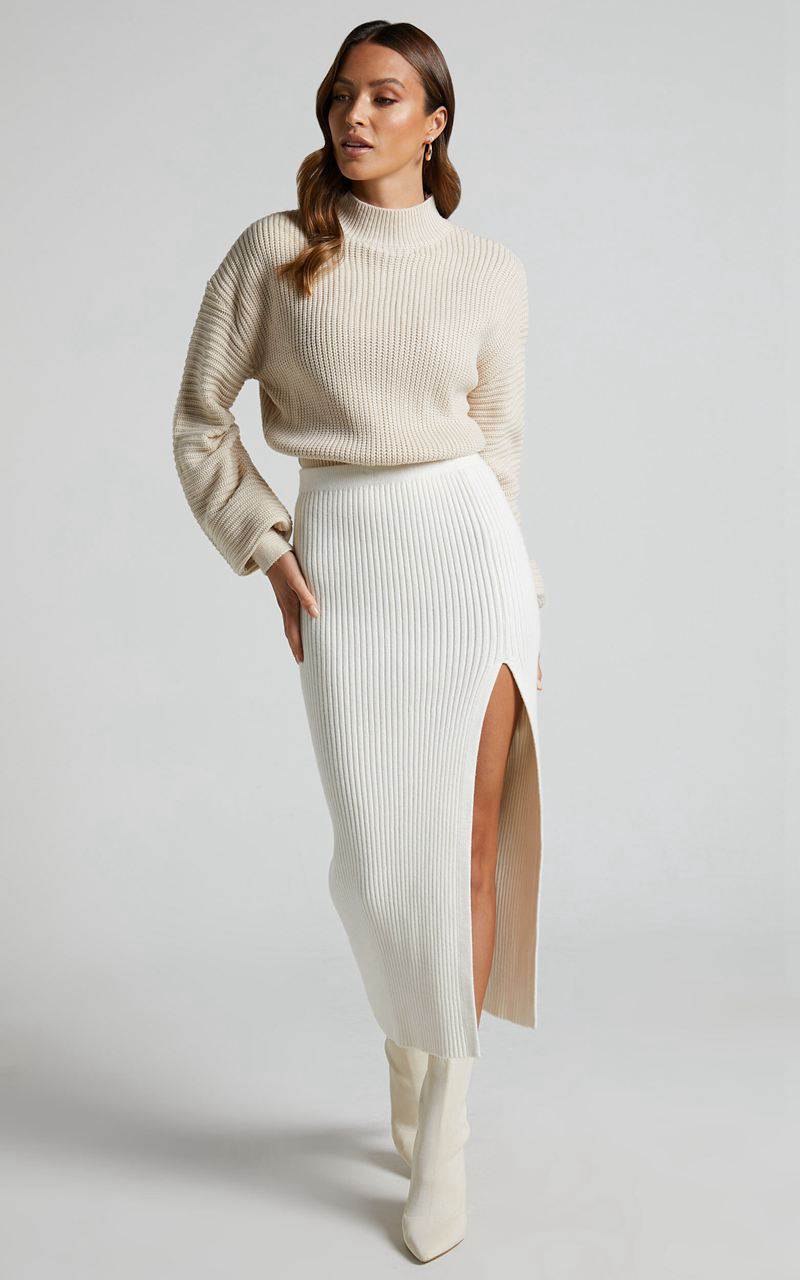 Showpo Valerie Jumper - High Neck Balloon Sleeve Knit Jumper Cream | EGHCTM294