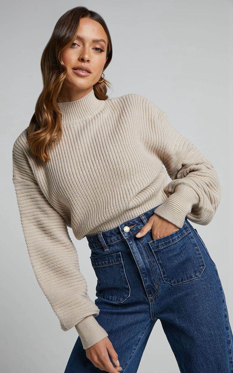 Showpo Valerie Jumper - High Neck Balloon Sleeve Knit Jumper Beige | YXJSNP364