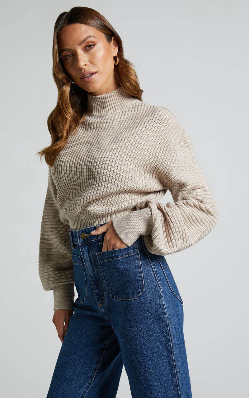 Showpo Valerie Jumper - High Neck Balloon Sleeve Knit Jumper Beige | YXJSNP364