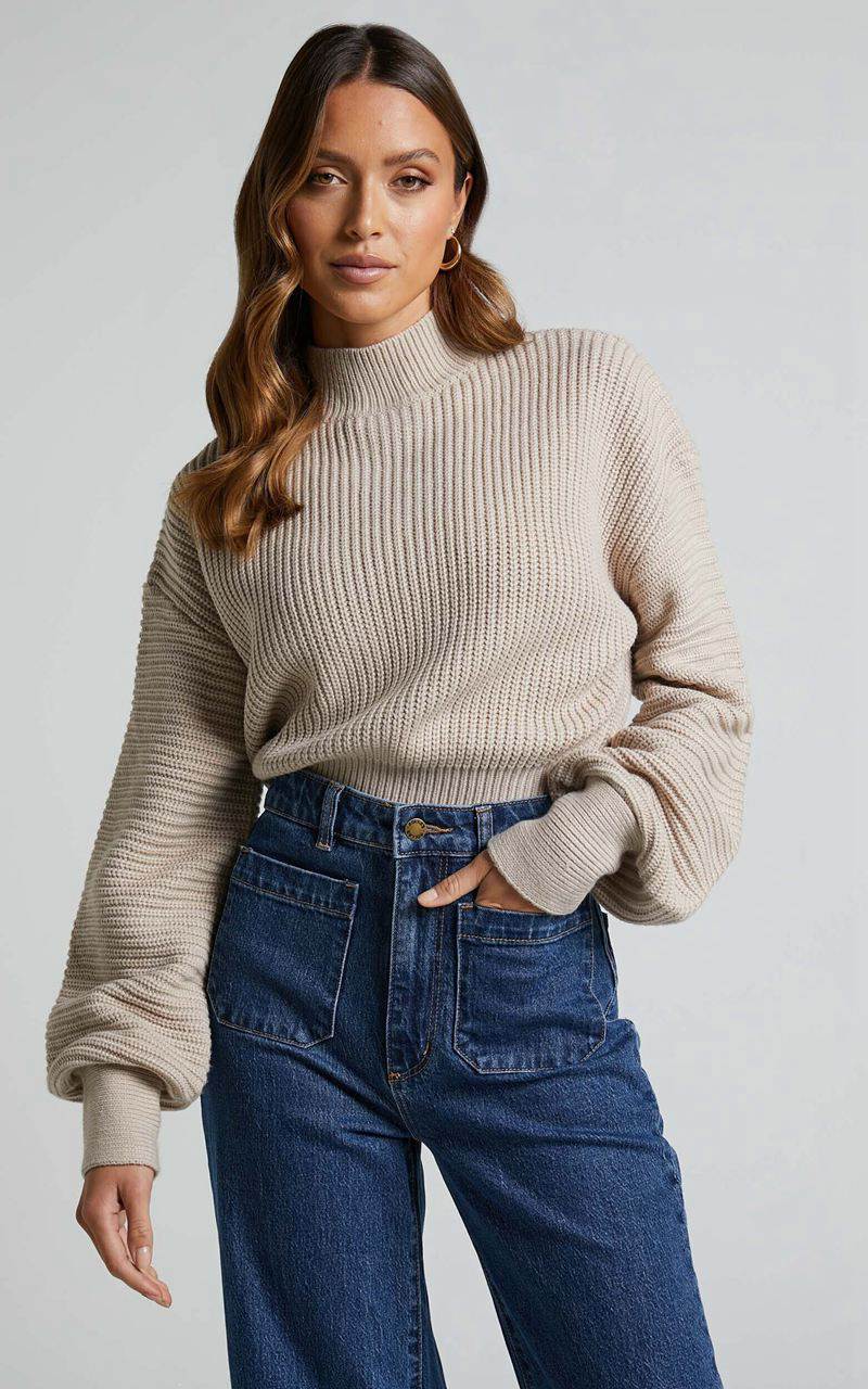 Showpo Valerie Jumper - High Neck Balloon Sleeve Knit Jumper Beige | YXJSNP364