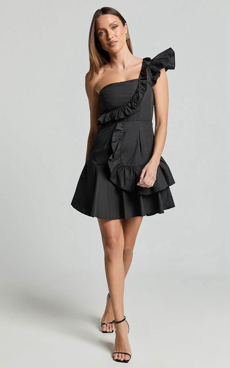 Showpo Valerie Mini Dress - One Shoulder Ruffle Detail A Line Dress Black | NDTGWZ029