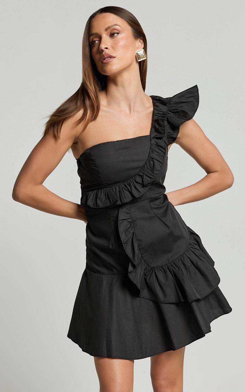 Showpo Valerie Mini Dress - One Shoulder Ruffle Detail A Line Dress Black | NDTGWZ029