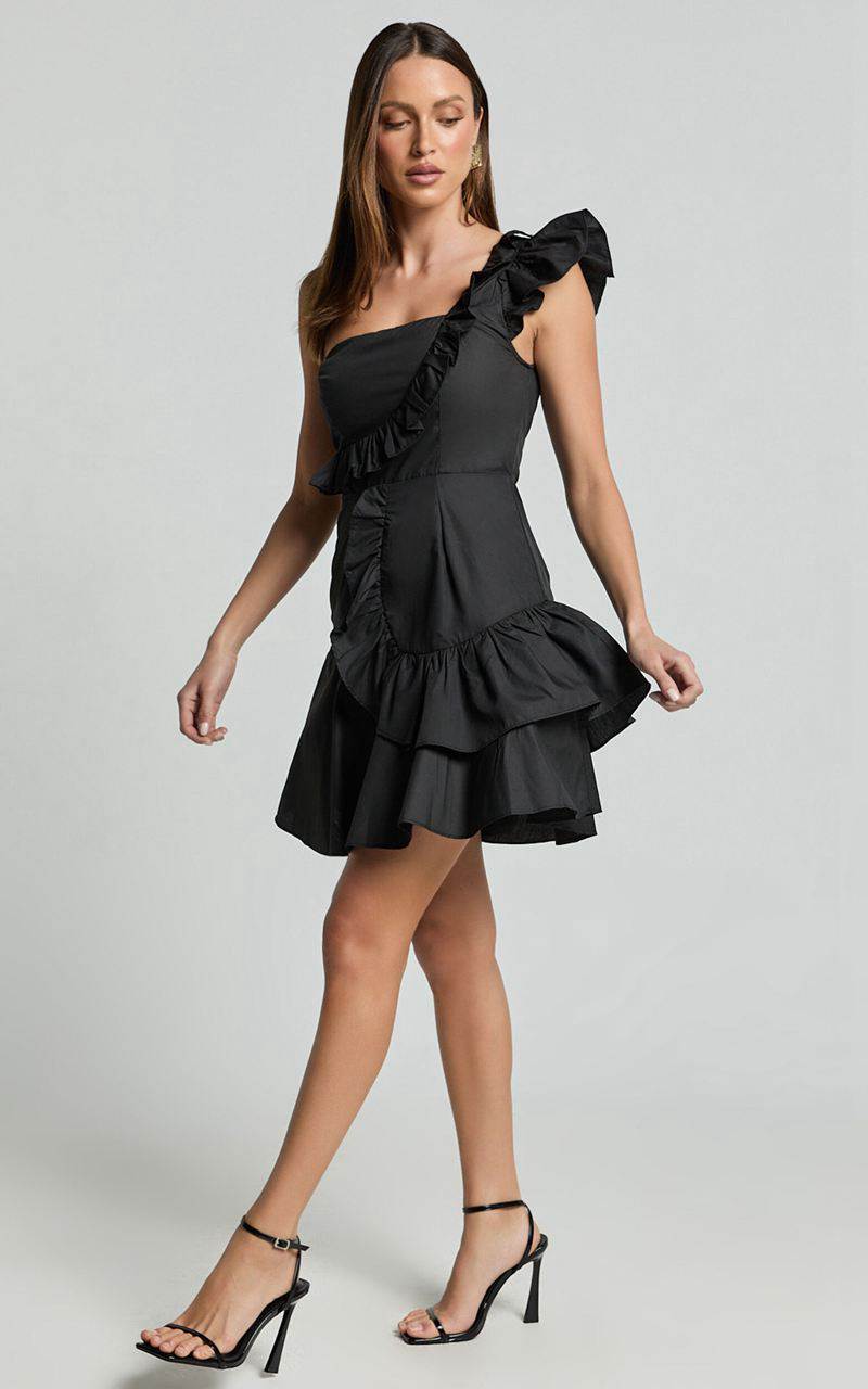 Showpo Valerie Mini Dress - One Shoulder Ruffle Detail A Line Dress Black | NDTGWZ029