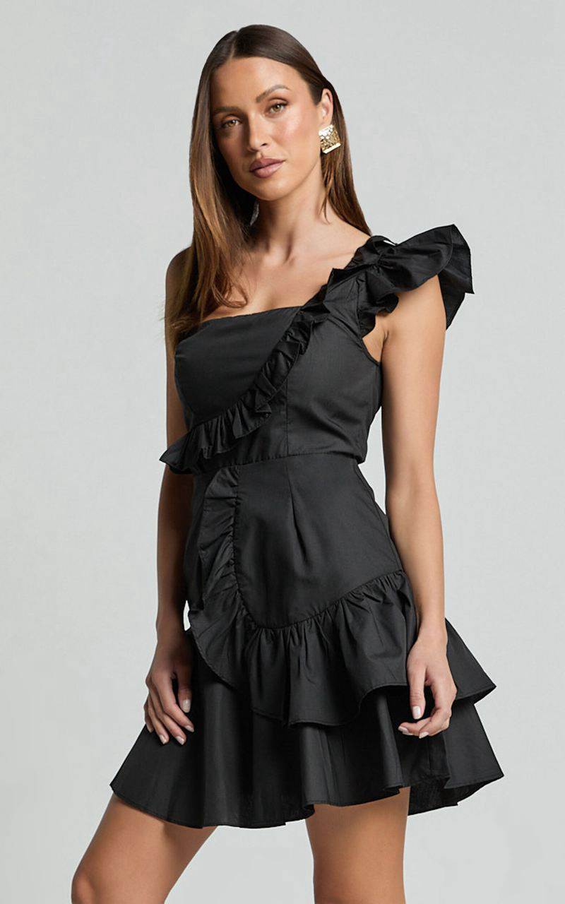 Showpo Valerie Mini Dress - One Shoulder Ruffle Detail A Line Dress Black | NDTGWZ029