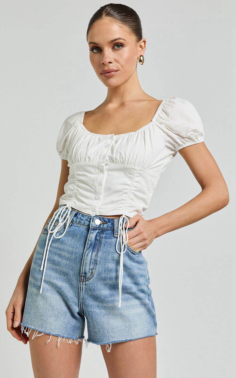 Showpo Valerie Top - Puff Sleeve Ruched Button Front Tie Hem Top White | HTBACW807