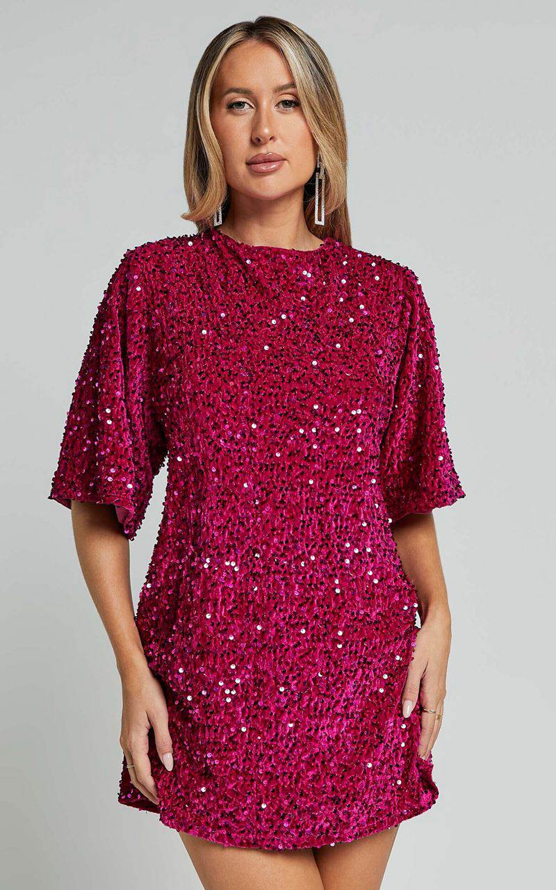 Showpo Valetta Mini Dress - Sequin Low Back Shift Dress Hot Pink | CFRHIP134