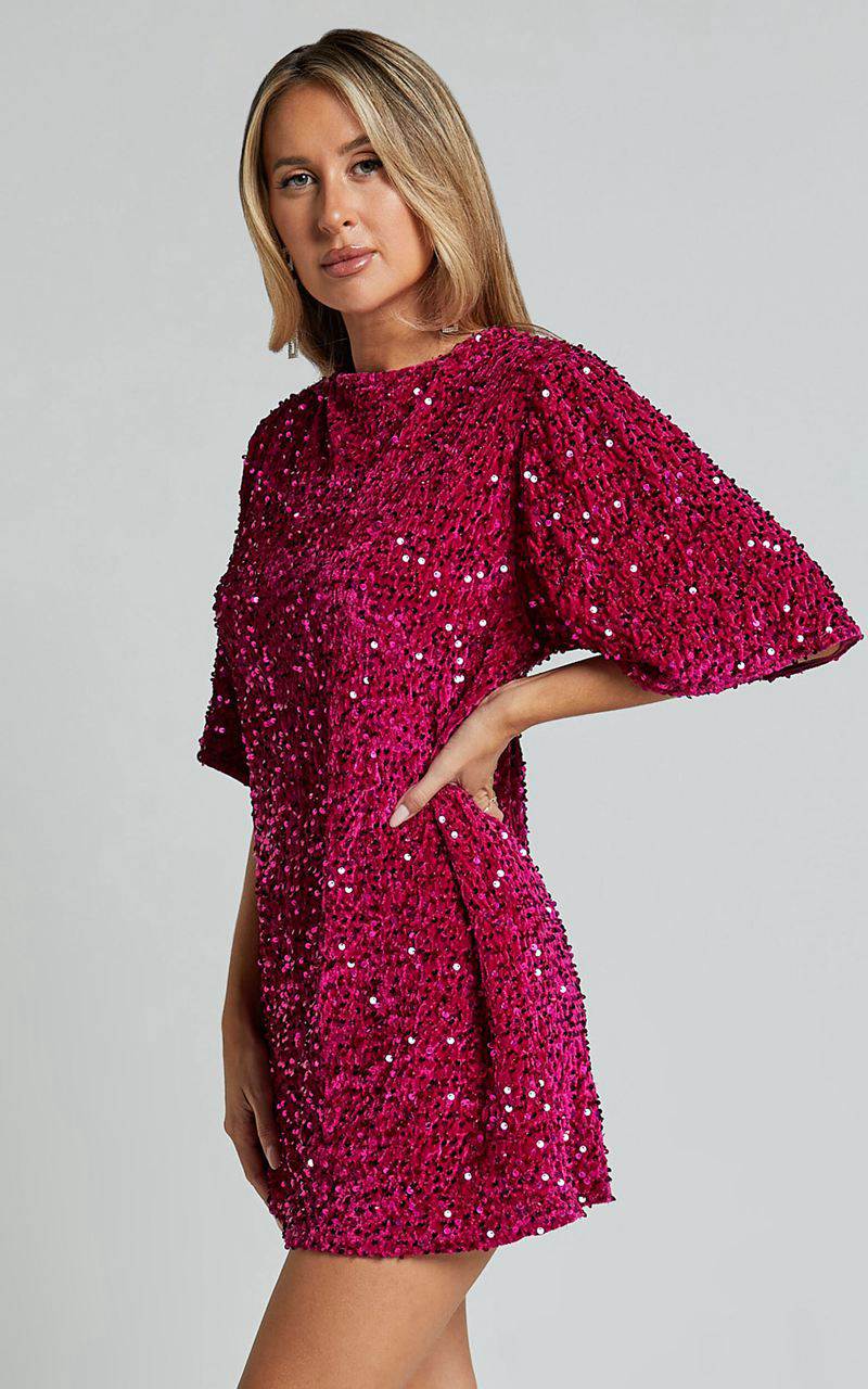 Showpo Valetta Mini Dress - Sequin Low Back Shift Dress Hot Pink | CFRHIP134