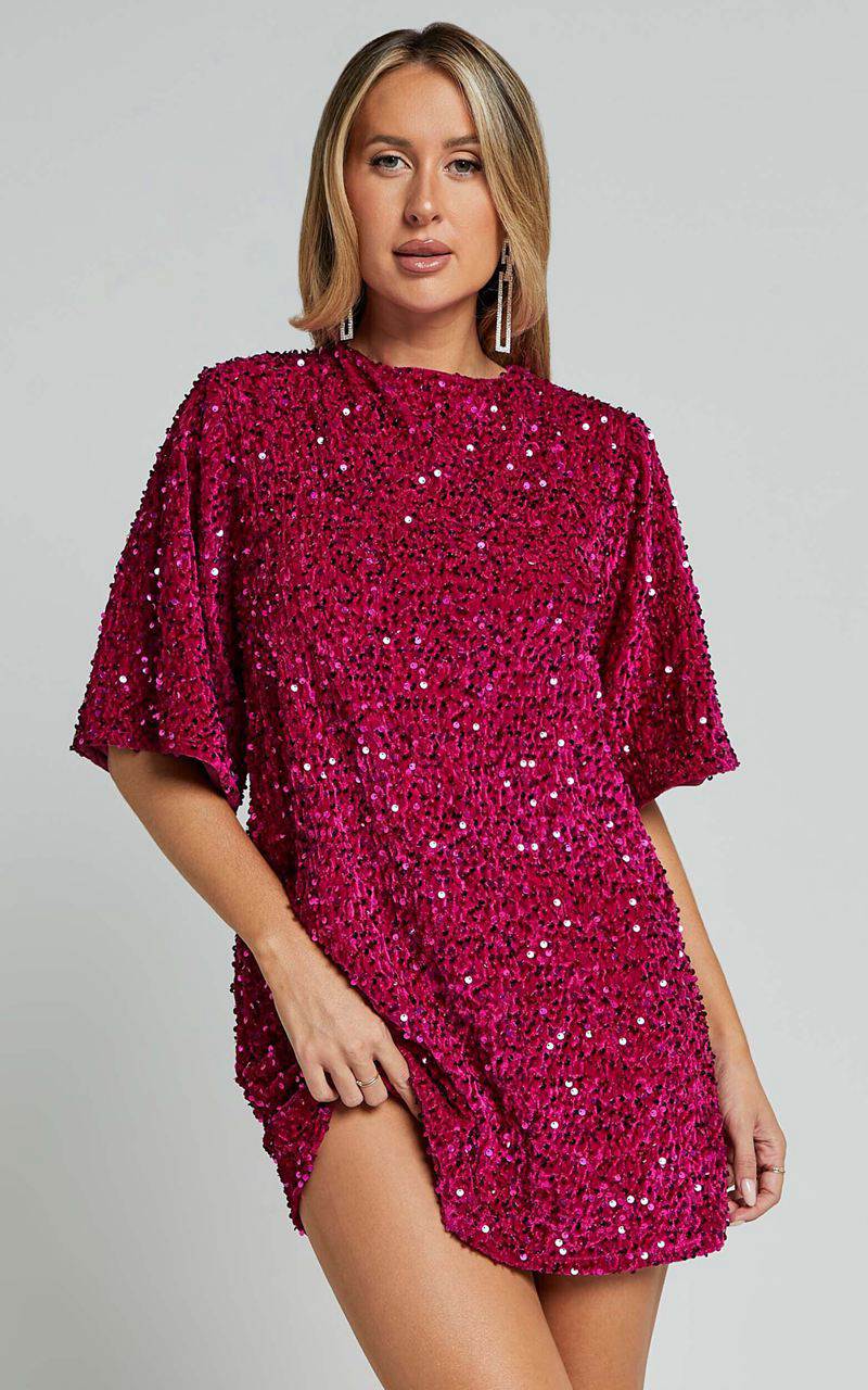 Showpo Valetta Mini Dress - Sequin Low Back Shift Dress Hot Pink | CFRHIP134