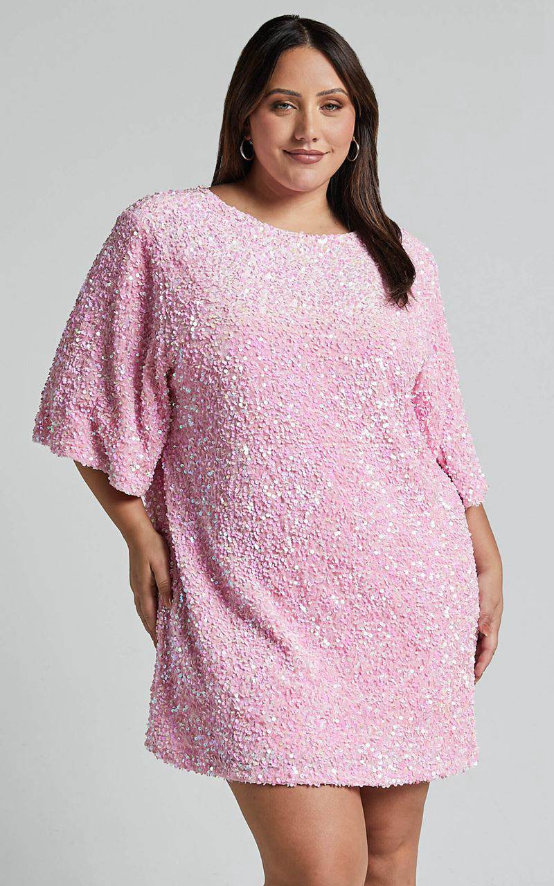 Showpo Valetta Mini Dress - Sequin Low Back Shift Dress Pink Sequin | SWHDFO891