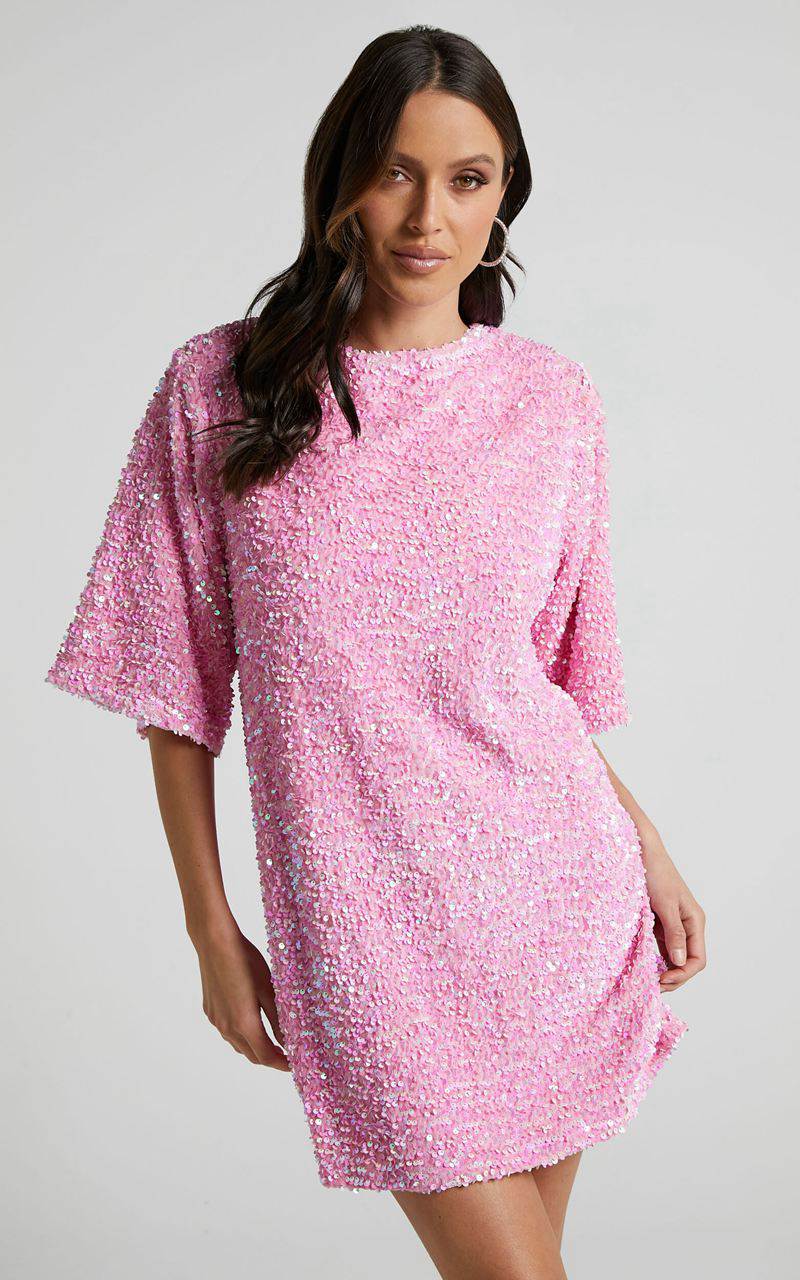 Showpo Valetta Mini Dress - Sequin Low Back Shift Dress Pink Sequin | SWHDFO891