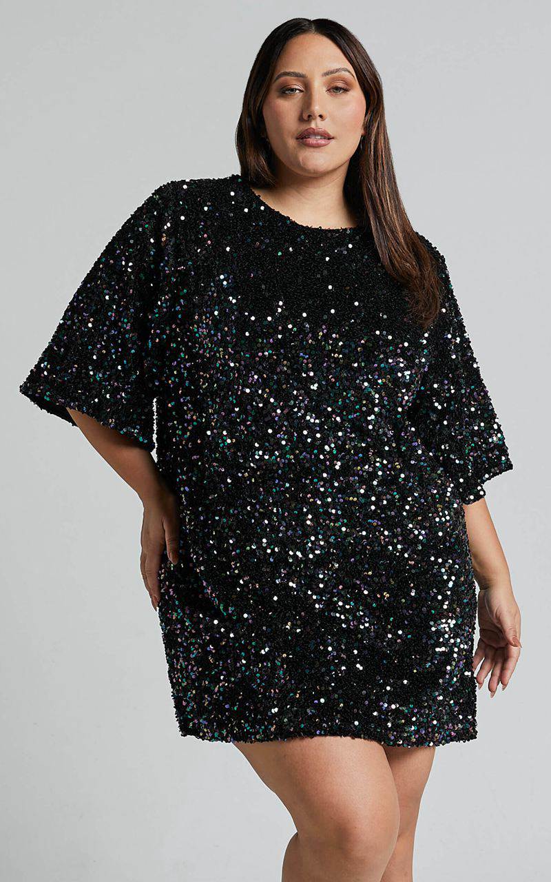 Showpo Valetta Mini Dress - Sequin Low Back Shift Dress Midnight Blue Sequin | ENWPQA832